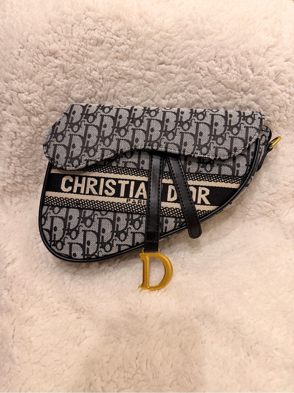 Dior Gray & Black Oblique Saddle Crossbody with Gold 'D' Charm